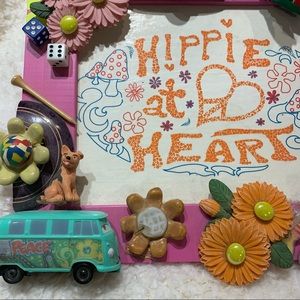 Vintage HIPPIE AT HEART hanging art piece .  Handmade. Various collectible piece